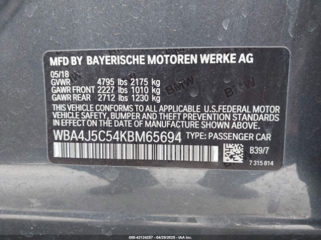 WBA4J5C54KBM65694 BMW 2019