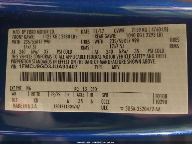Ford ESCAPE SE 2018 1FMCU9GD3JUA93407 Image 9
