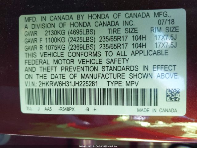 2HKRW6H31JH225281 Honda CR-V LX