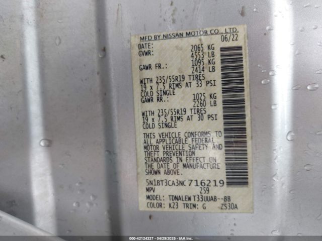 5N1BT3CA3NC716219 Nissan Rogue Sl Fwd