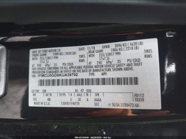 1FMCU0GD8KUA39792 Ford ESCAPE SE