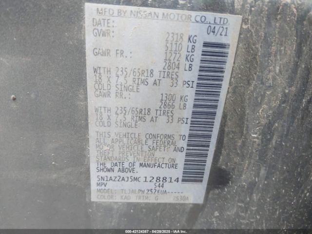 5N1AZ2AJ5MC128814 Nissan Murano S Fwd