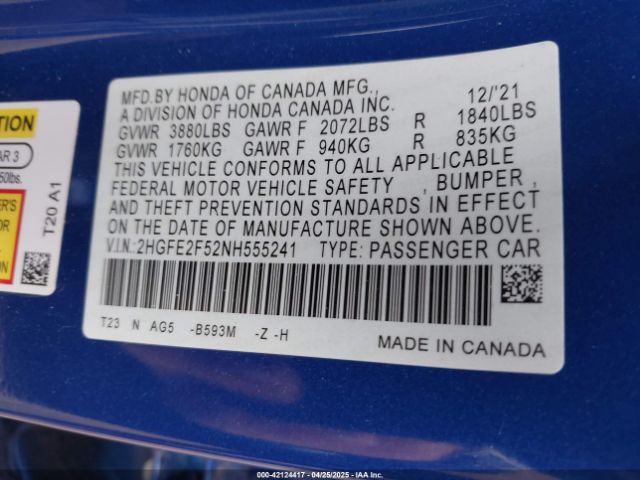 2HGFE2F52NH555241 Honda Civic Sport