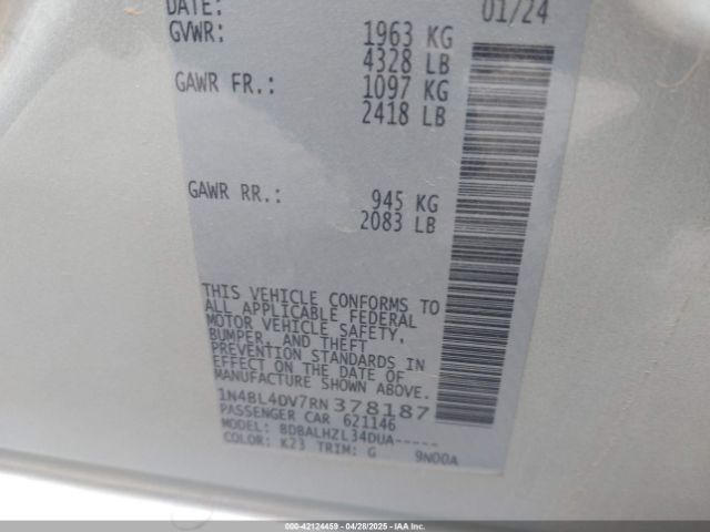 1N4BL4DV7RN378187 Nissan Altima Sv Fwd