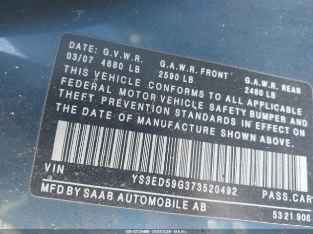 2007 SAAB 9-5 YS3ED59G373520492 Photo 8