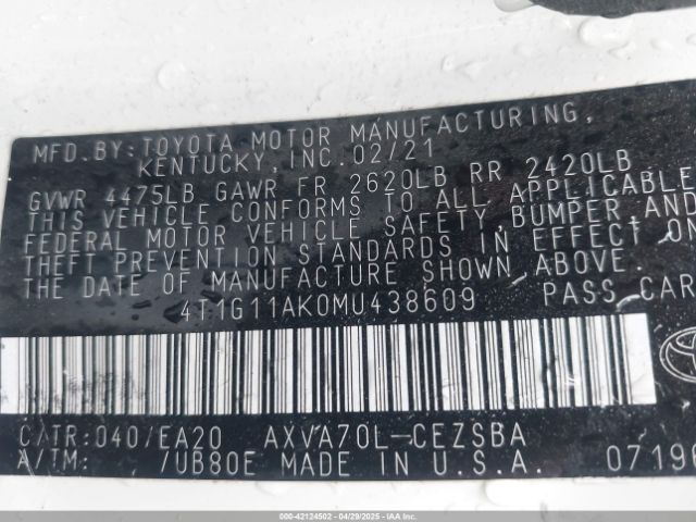 4T1G11AK0MU438609 Toyota CAMRY SE