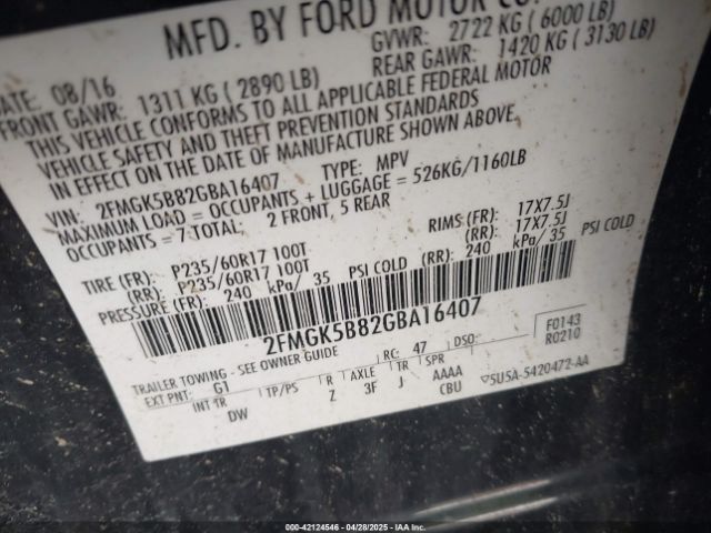 2FMGK5B82GBA16407 Ford FLEX SE