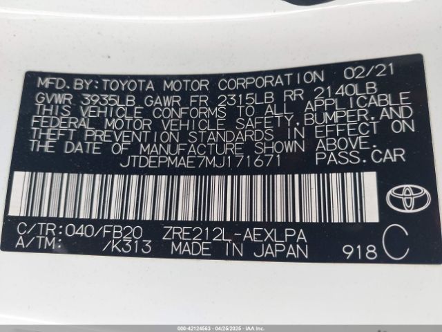 JTDEPMAE7MJ171671 Toyota COROLLA LE