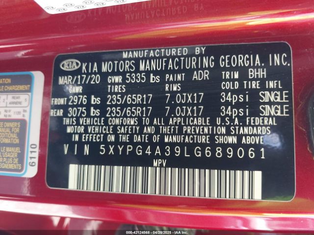 5XYPG4A39LG689061 KIA Sorento 2.4l Lx