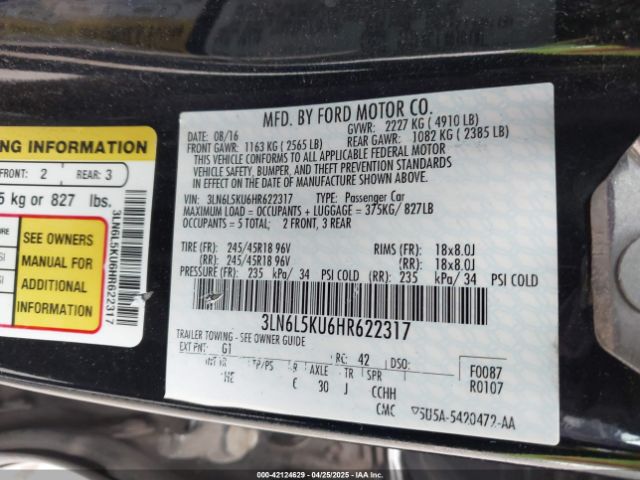 3LN6L5KU6HR622317 Lincoln Mkz Hybrid Premiere