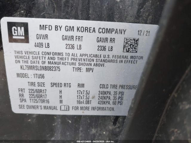 KL79MRSL0NB082375 Chevrolet Trailblazer Awd Lt