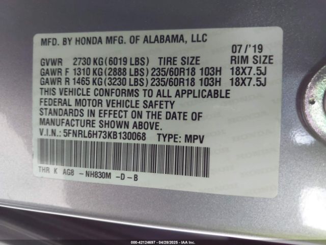 5FNRL6H73KB130068 Honda Odyssey Ex-l