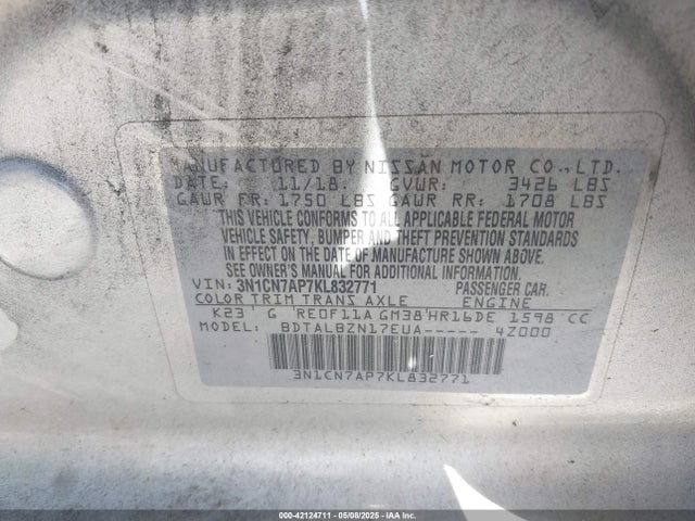 3N1CN7AP7KL832771 Nissan Versa 1.6 Sv
