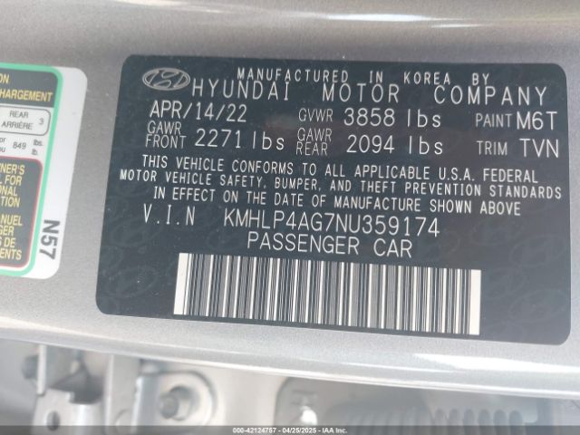 KMHLP4AG7NU359174 Hyundai Elantra Limited
