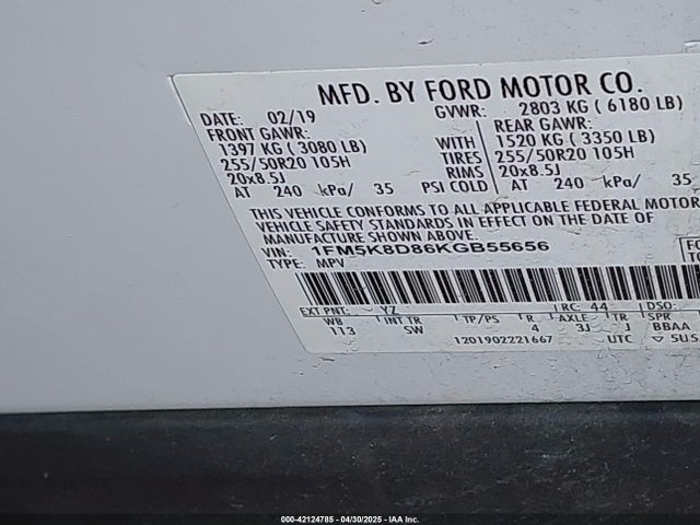 1FM5K8D86KGB55656 Ford EXPLORER XLT