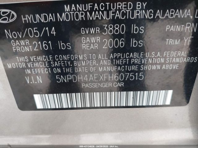 5NPDH4AEXFH607515 Hyundai ELANTRA SE