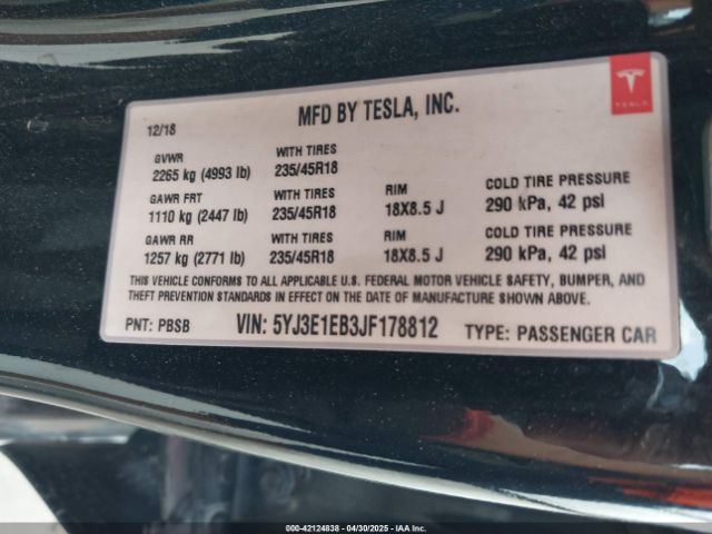 5YJ3E1EB3JF178812 Tesla Model 3 Long Range/performance