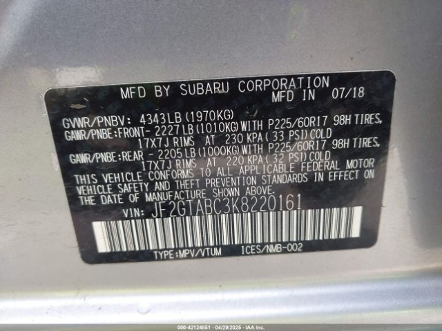 JF2GTABC3K8220161 Subaru Crosstrek 2.0i