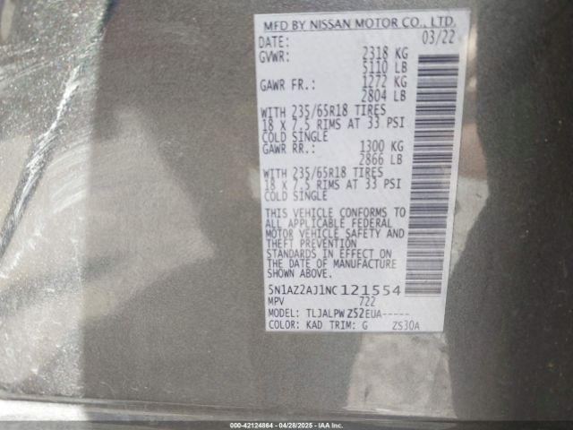 5N1AZ2AJ1NC121554 Nissan Murano S Fwd