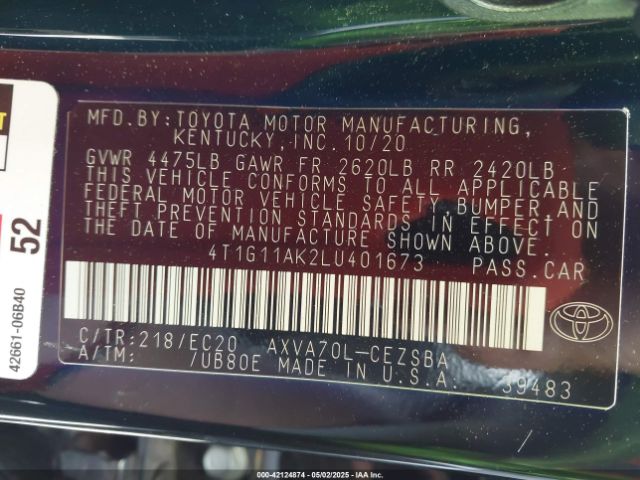 4T1G11AK2LU401673 Toyota Camry Se Nightshade Edition