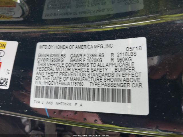 1HGCV1F66JA176760 Honda Accord Ex-l