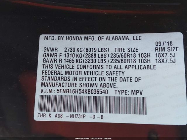 5FNRL6H54KB036540 Honda ODYSSEY EX