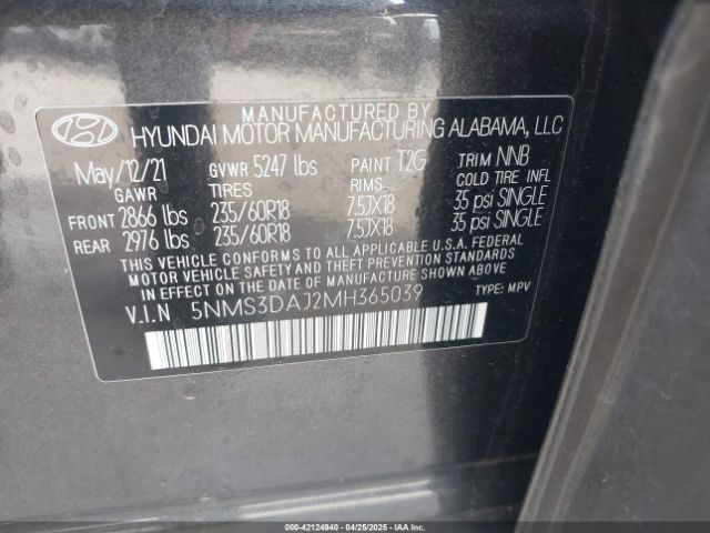 2021 HYUNDAI SANTA FE 5NMS3DAJ2MH365039 Photo 8