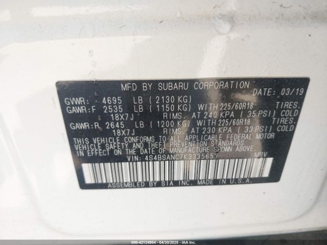 4S4BSANC7K3335653 Subaru Outback 2.5i Limited