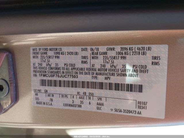 1FMCU0F70JUC77503 Ford ESCAPE S
