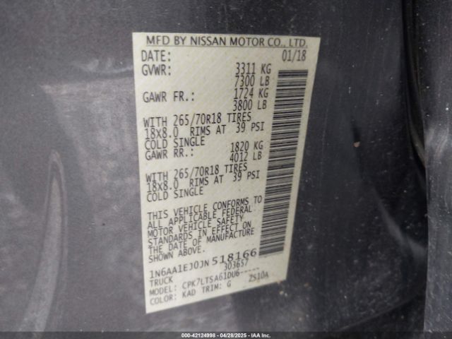 1N6AA1EJ0JN518166 Nissan TITAN SV
