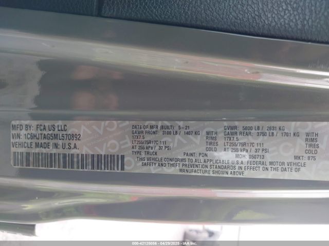1C6HJTAG5ML570892 Jeep Gladiator Willys 4x4
