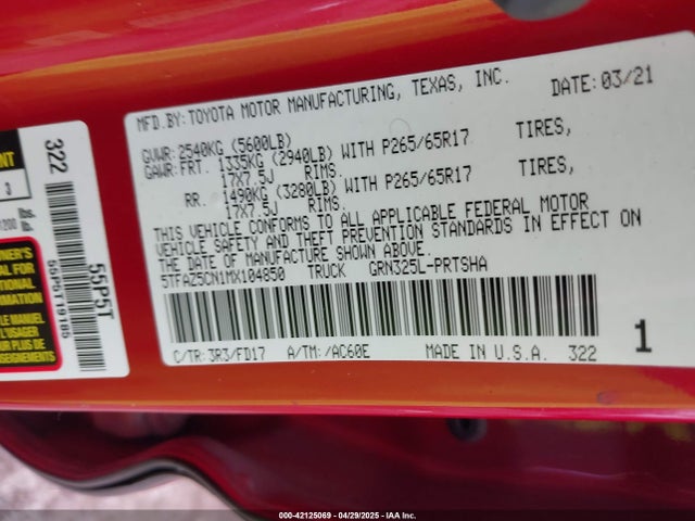 5TFAZ5CN1MX104850 Toyota Tacoma Trd Sport