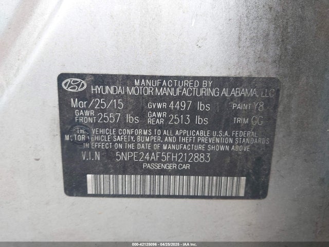 5NPE24AF5FH212883 Hyundai SONATA SE