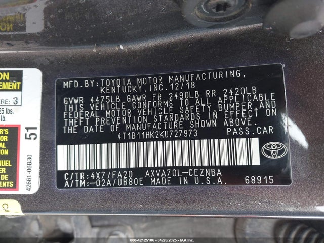 4T1B11HK2KU727973 Toyota a25a-fks