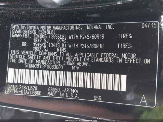 5TDKKRFH3FS083000 Toyota Highlander Xle V6