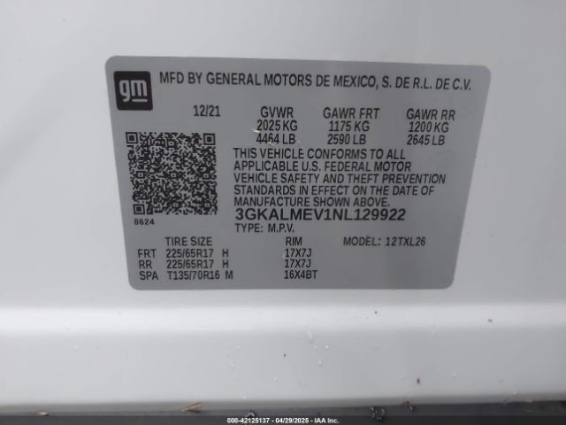3GKALMEV1NL129922 GMC Terrain Fwd Sle