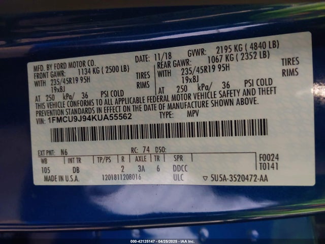 1FMCU9J94KUA55562 Ford 2019