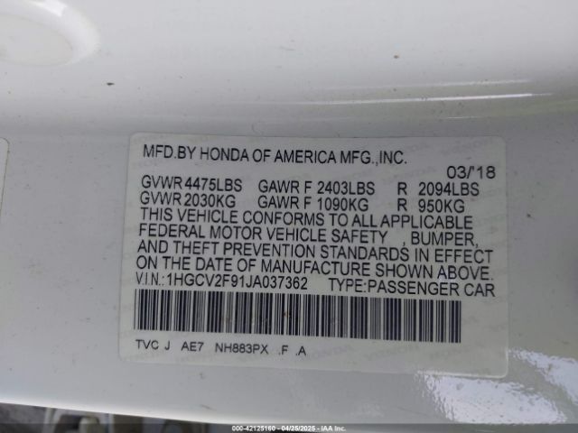 1HGCV2F91JA037362 Honda Accord Touring 2.0t