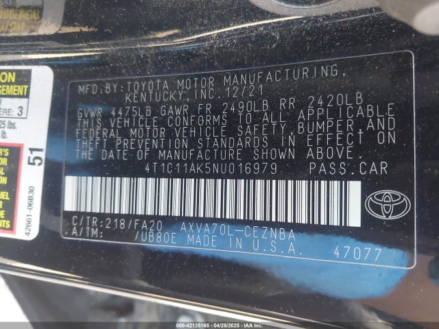 4T1C11AK5NU016979 Toyota CAMRY LE