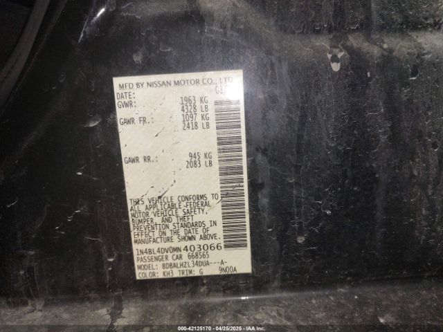 1N4BL4DV0MN403066 Nissan Altima Sv Fwd