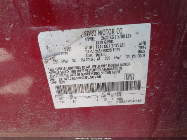 2LMTJ8LP0GBL50285 Lincoln Mkx Reserve