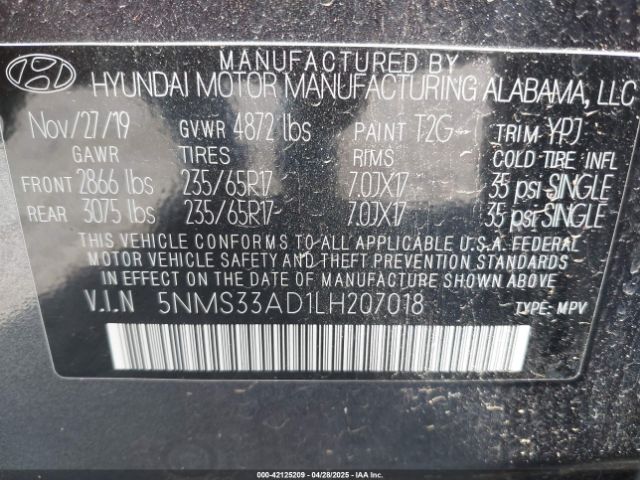 5NMS33AD1LH207018 Hyundai Santa Fe Sel