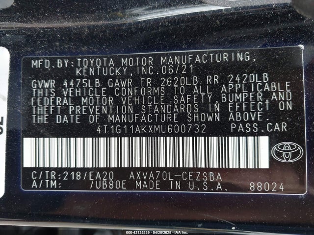 4T1G11AKXMU600732 Toyota a25a-fks
