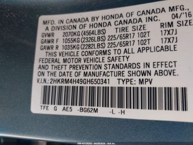 2HKRM4H49GH650341 Honda CR-V SE