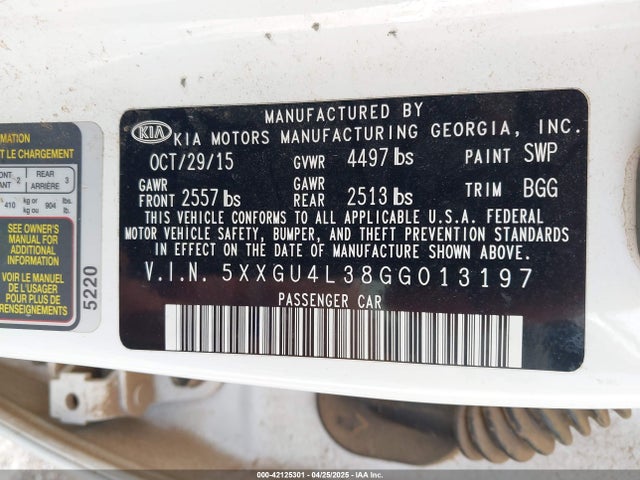 5XXGU4L38GG013197 KIA OPTIMA EX