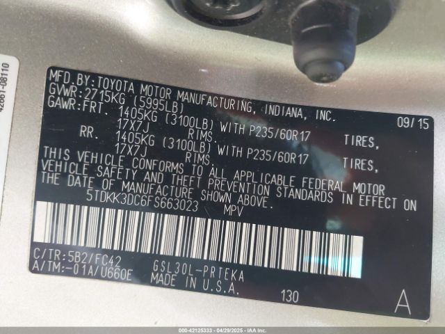 5TDKK3DC6FS663023 Toyota Sienna Le 8 Passenger