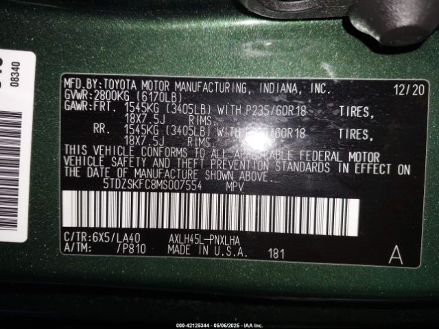 5TDZSKFC8MS007554 Toyota Sienna Limited