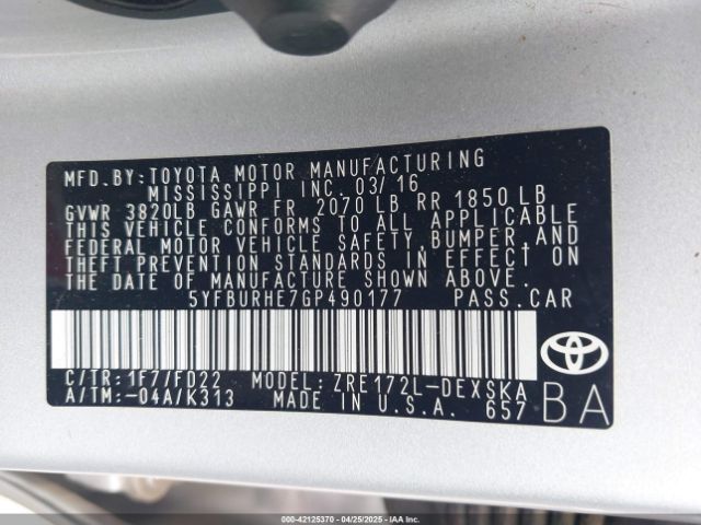 5YFBURHE7GP490177 Toyota Corolla S