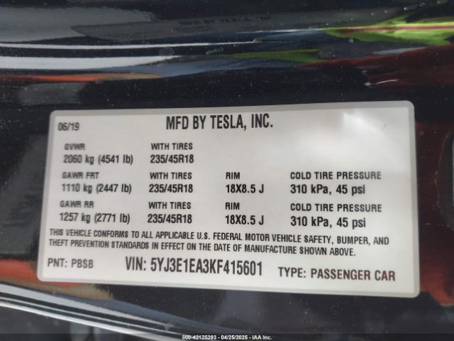 5YJ3E1EA3KF415601 Tesla Model 3 Long Range/mid Range/standard Range/standard Range Plus