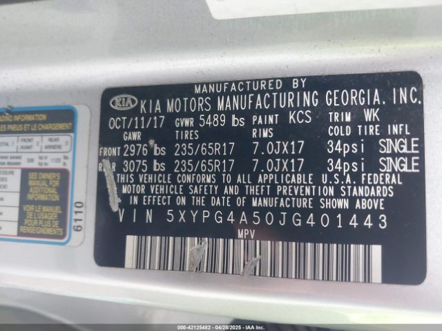 5XYPG4A50JG401443 KIA Sorento 3.3l Lx